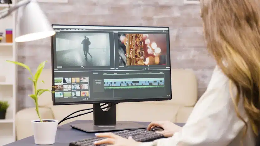 Femme devant un écran d'ordinateur afin d'illustrer les services de sous-titrage de vidéo du site Cindy Rédige