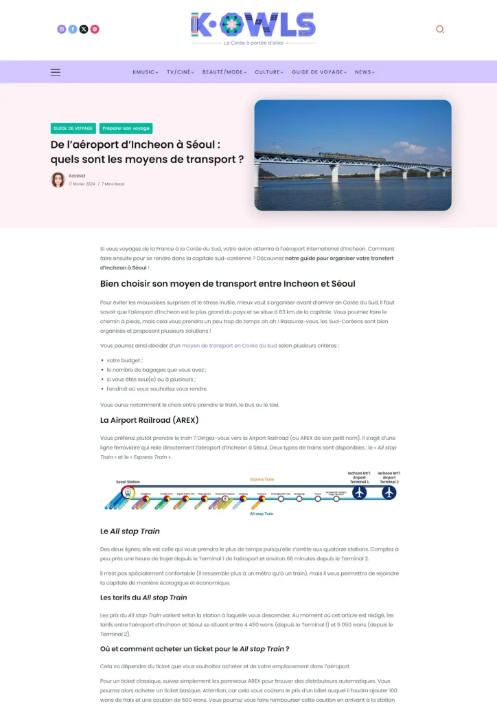 Capture d'écran de l'article "de l'aéroport d'Incheon à Séoul"