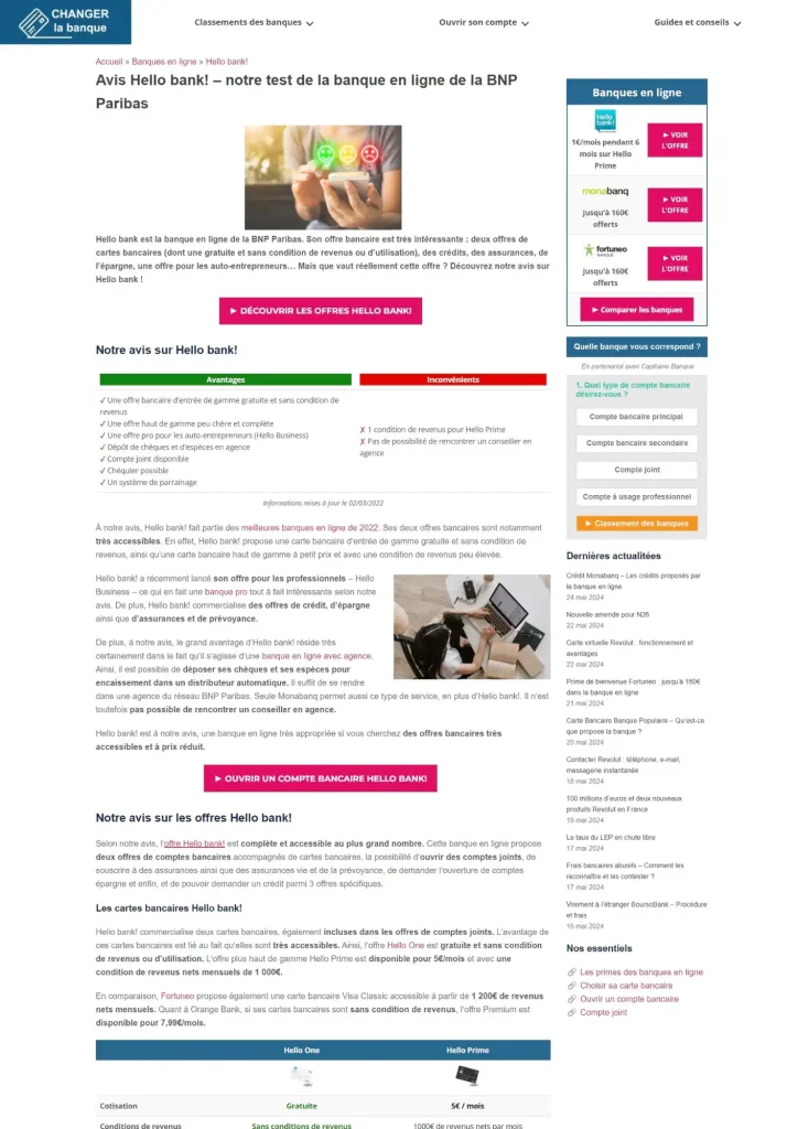 Capture d'écran de l'article "avis Hello bank"