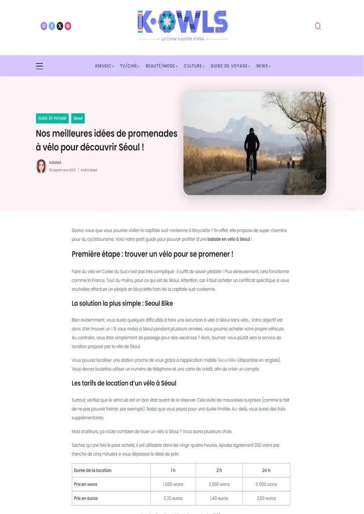 Capture d'écran de l'article "balades à vélo à Séoul"