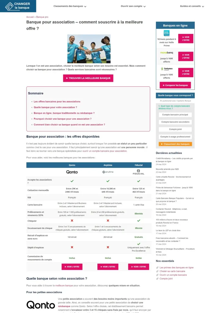 Capture d'écran de l'article "banque pour association"