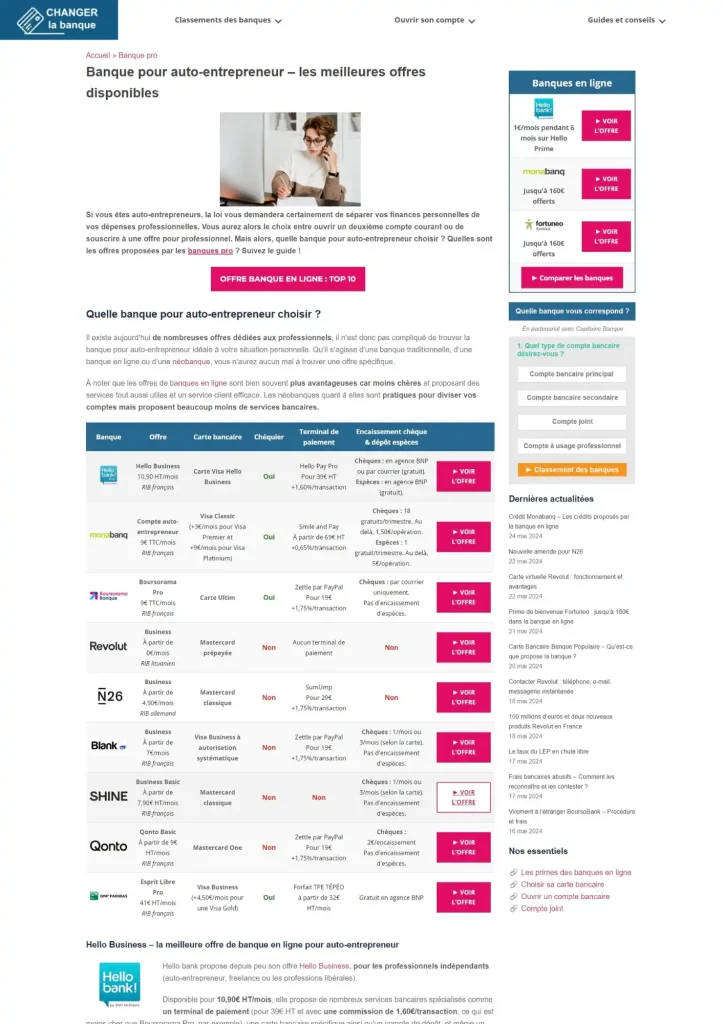 Capture d'écran de l'article "banque pour auto entrepreneur"
