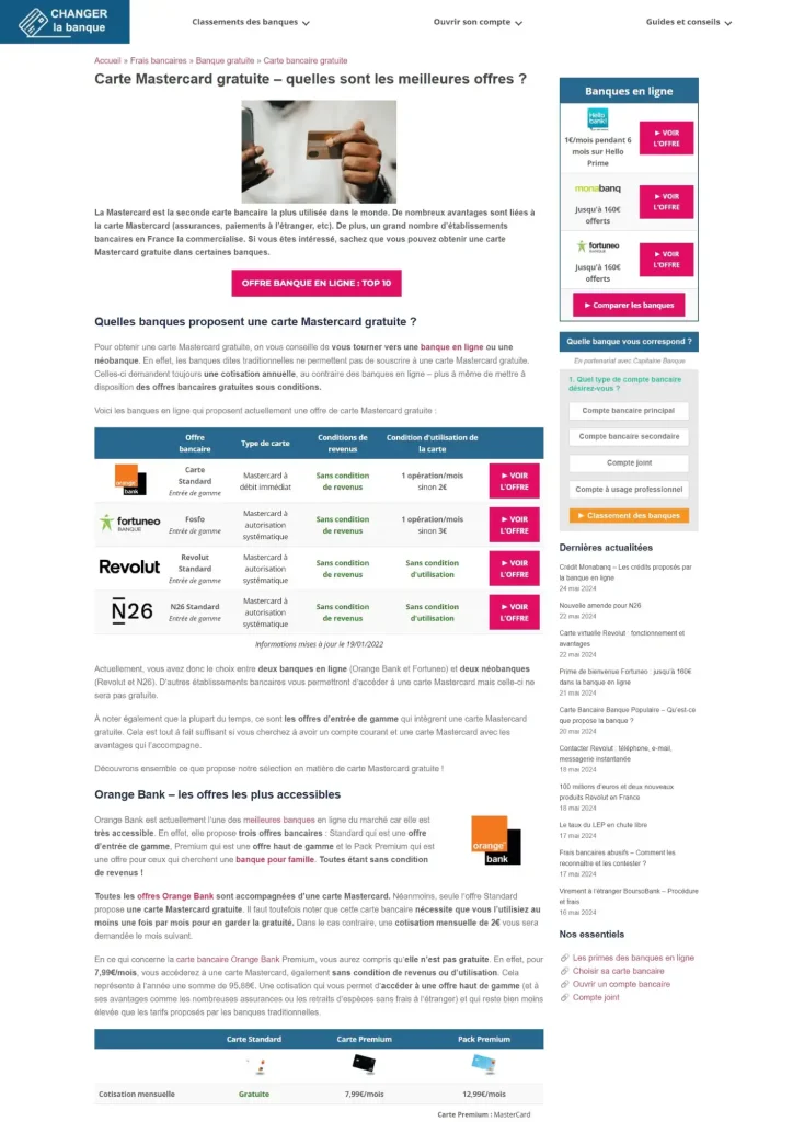 Capture d'écran de l'article "carte mastercard gratuite"
