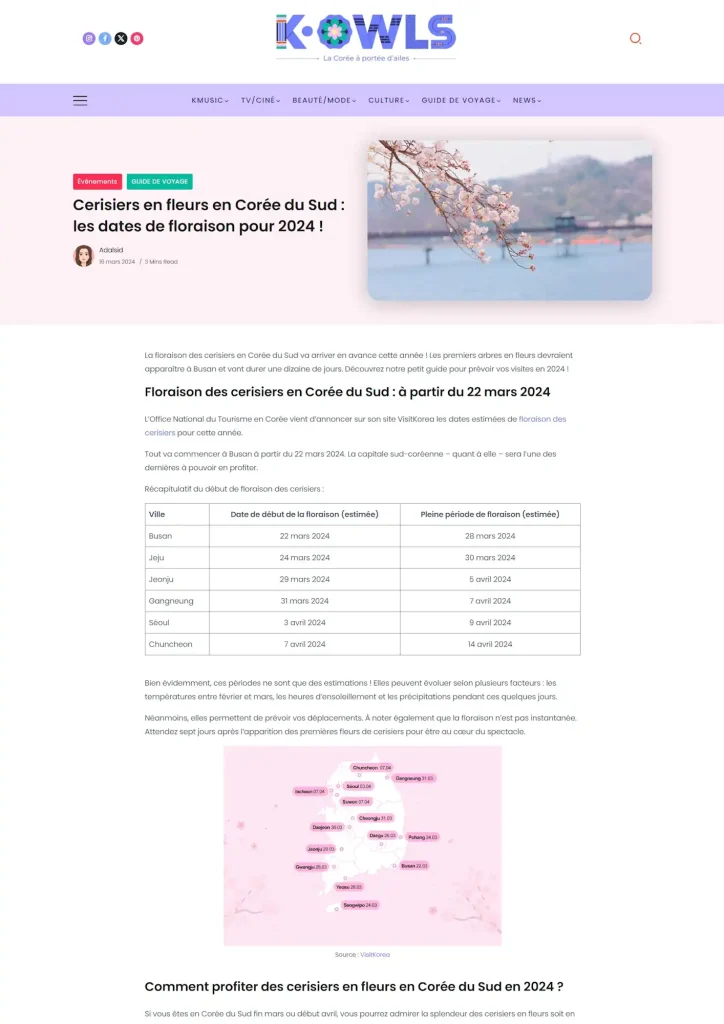 Capture d'écran de l'article "cerisiers en fleurs en Corée du Sud en 2024"