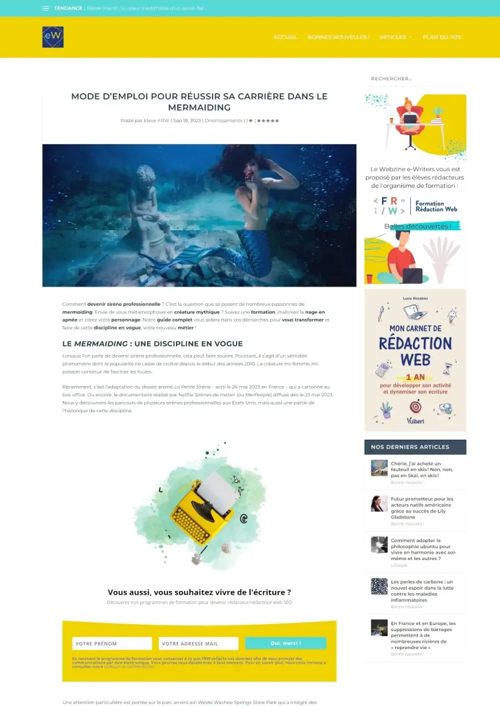Capture d'écran de l'article "mode d'emploi pour réussir sa carrière dans le mermaiding"