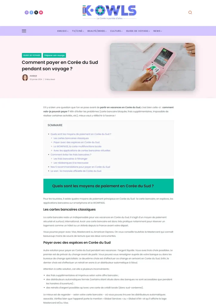 Capture d'écran de l'article "comment payer en Corée du Sud"