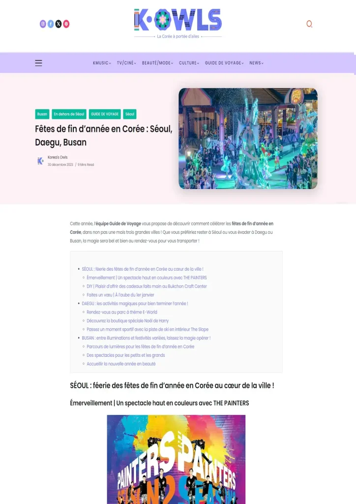 Capture d'écran de l'article "fêtes de fin d'année en Corée Séoul Daegu et Busan"