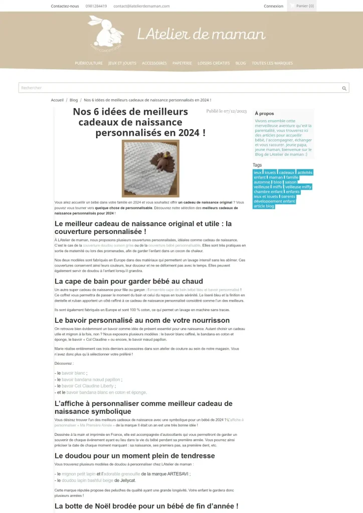 Capture d'écran de l'article "meilleurs cadeaux de naissance personnalisés en 2024"