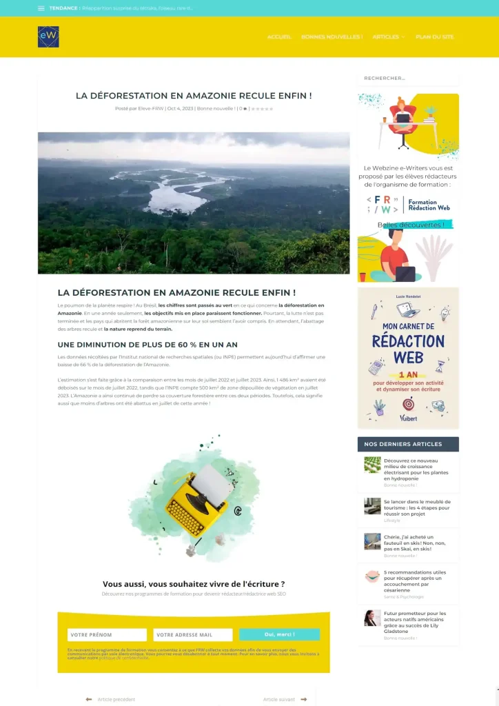 Capture d'écran de l'article "déforestation en Amazonie recule enfin"