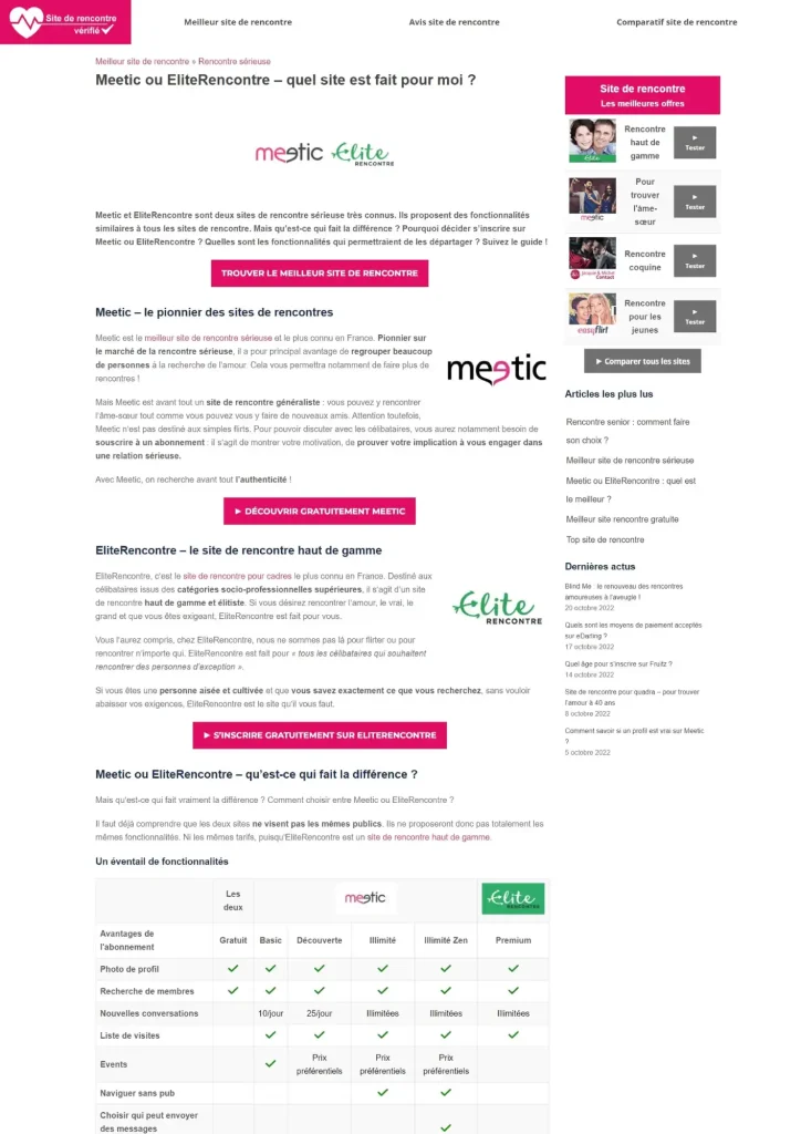 Capture d'écran de l'article "Meetic ou EliteRencontre"