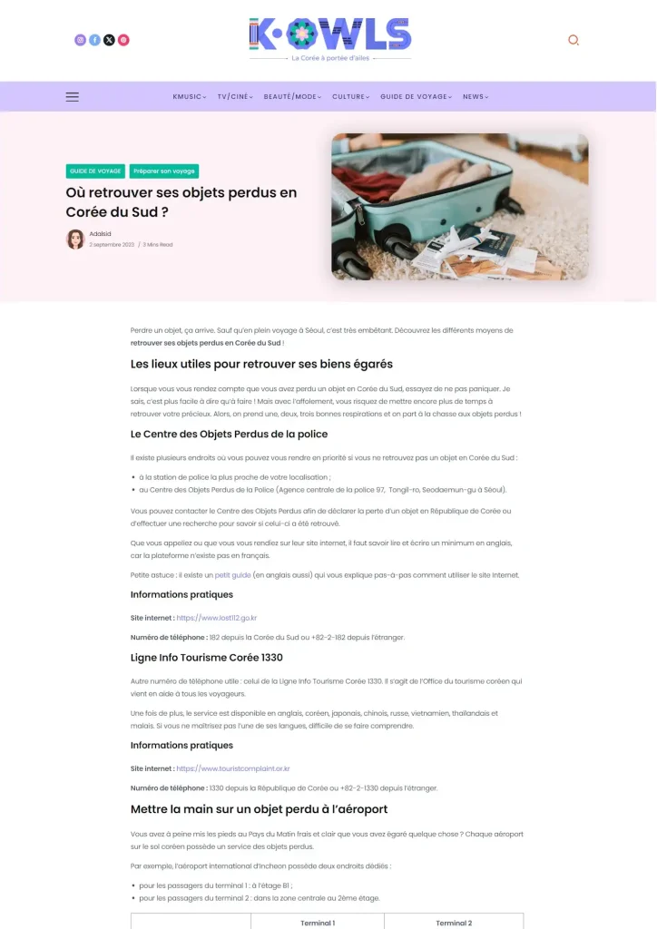 Capture d'écran de l'article "objets perdus en Corée du Sud"