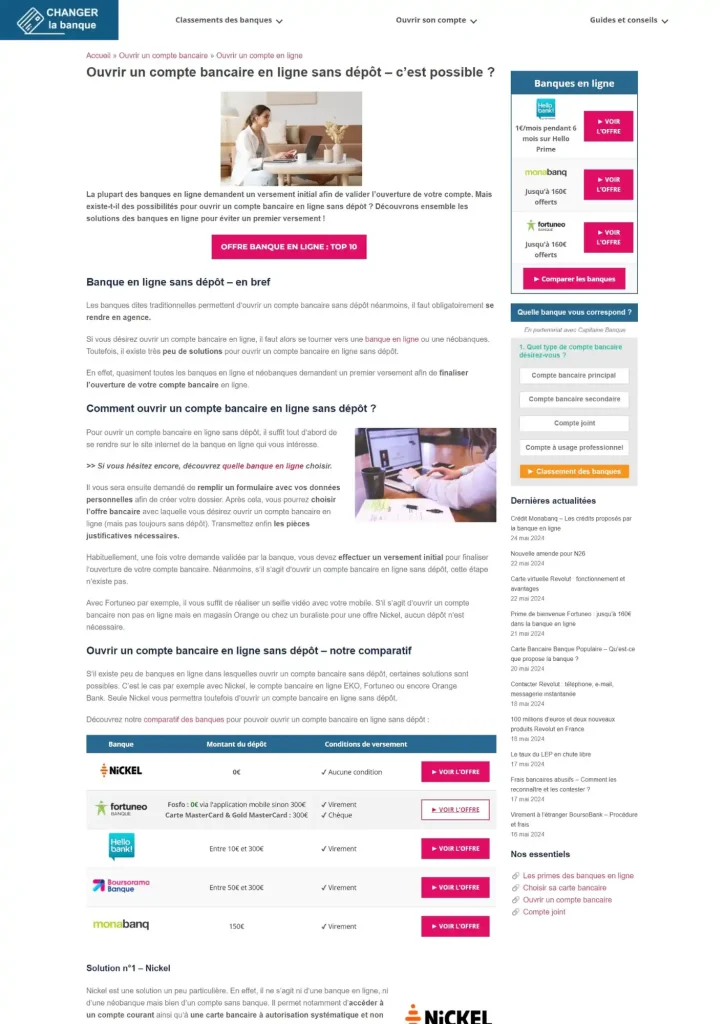 Capture d'écran de l'article "ouvrir un compte bancaire en ligne sans dépôt"