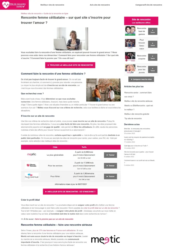 Capture d'écran de l'article "Rencontre femme célibataire"