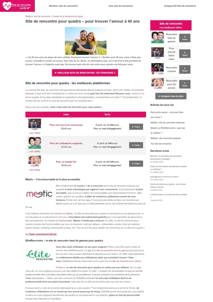 Capture d'écran de l'article "Site de rencontre pour quadra"