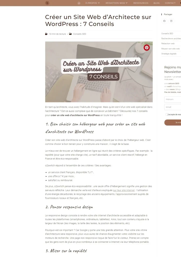 Capture d'écran de l'article "créer un site web d'architecte sur wordpress"