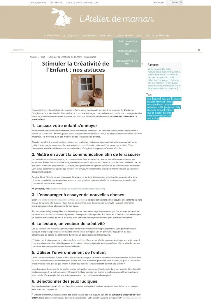 Capture d'écran de l'article "stimuler la créativité de l'enfant"