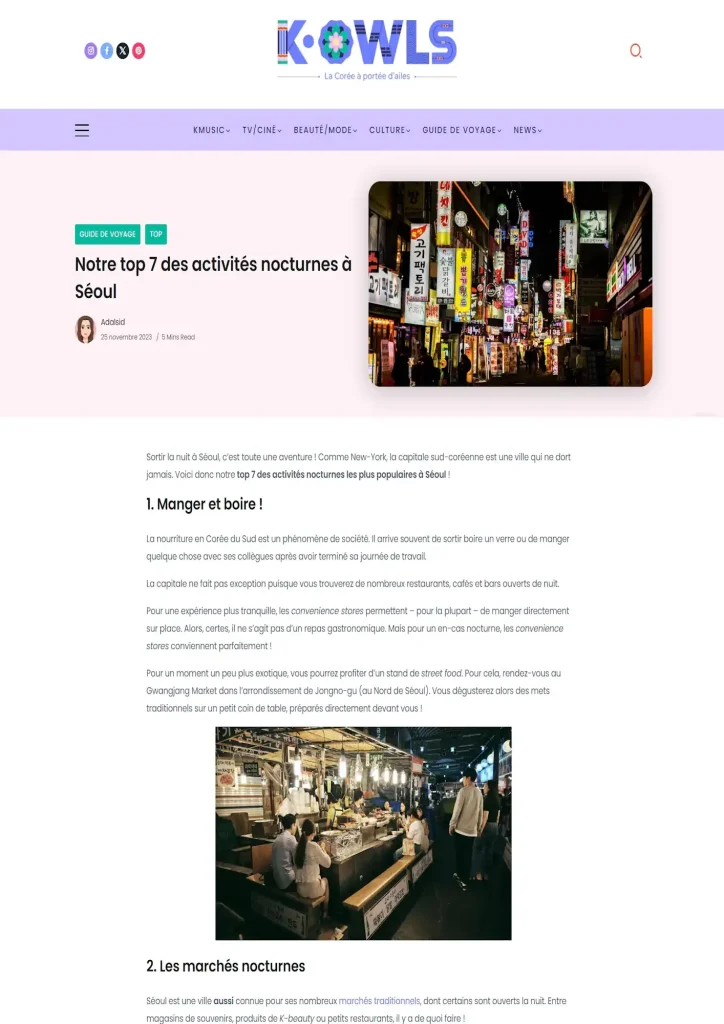 Capture d'écran de l'article "top 7 des activités nocturnes à Séoul"